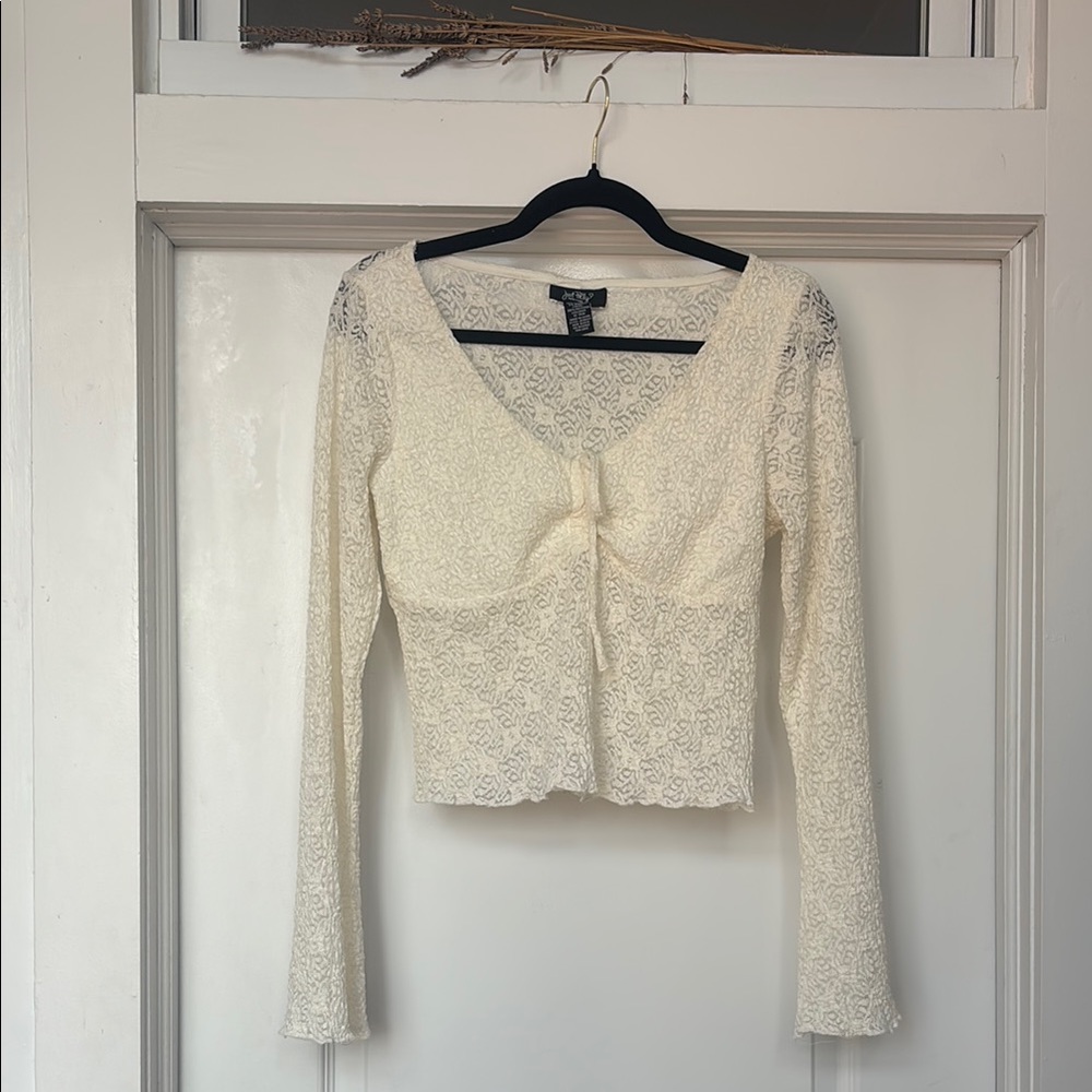Cream Long Sleeve Crop Blouse with Tie Front